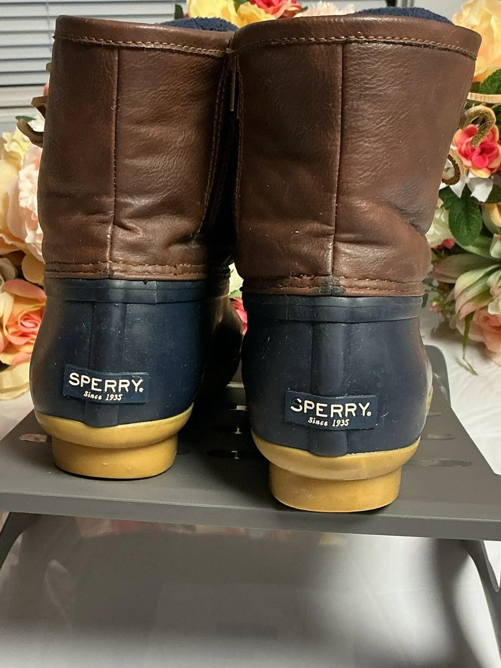 Sperry Saltwater Duck Boots Girls 6 Navy Brown Waterproof Rain Snow Side Zip YG5